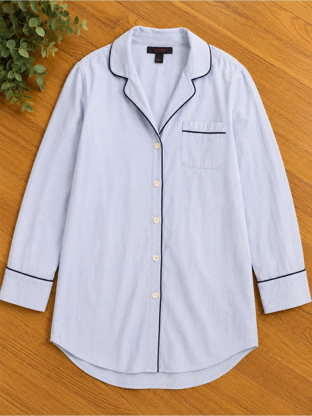 J.Crew Blue Pajama Sleep Shirt Long Sleeve Button Front Piped Trim Women’s